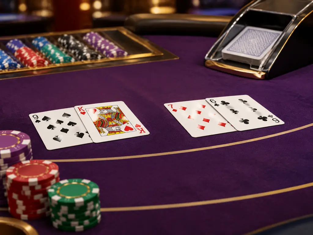Kartu dan chip di atas meja baccarat