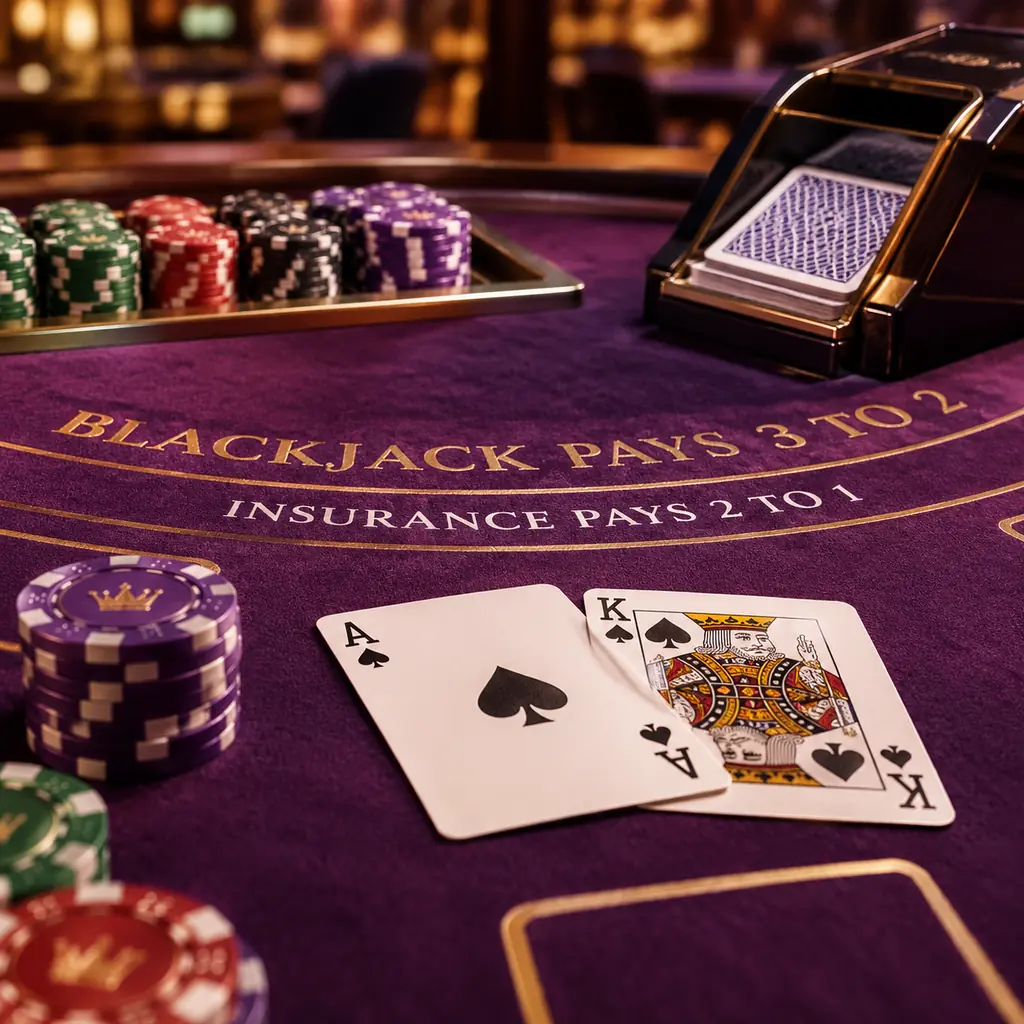Meja blackjack dengan kartu dan sepatu kartu