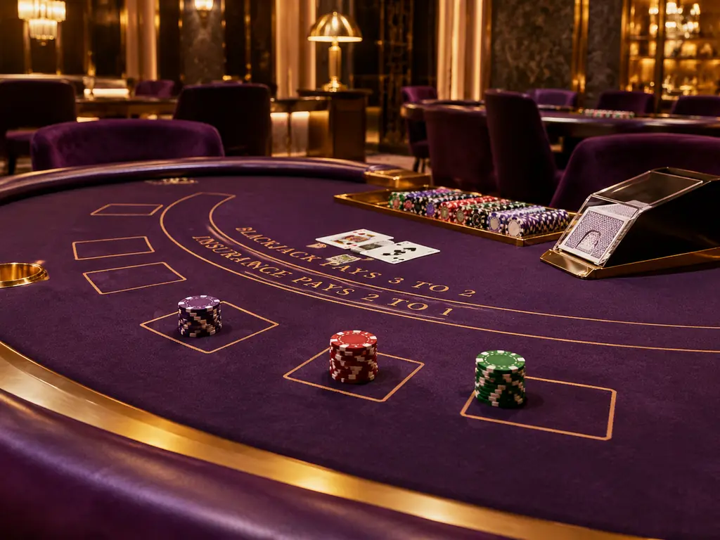 Meja blackjack dan baki chip dalam interior kasino ungu
