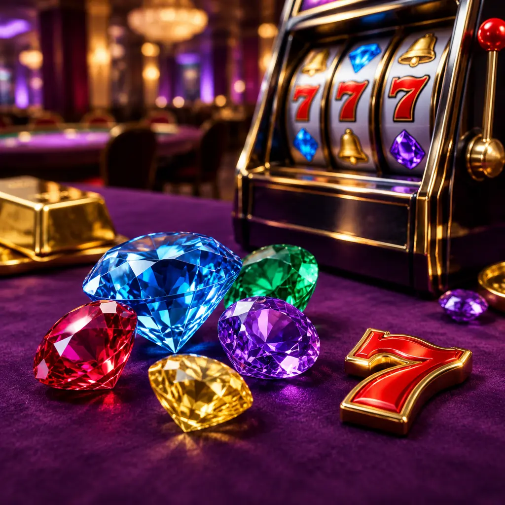 Permata berwarna dan gulungan slot dalam konsep kasino